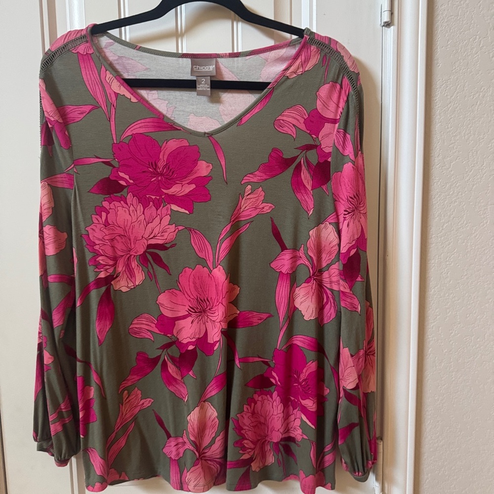 Chico's Olive Green Long-Sleeve V-Neck Top with Pink Floral Print
